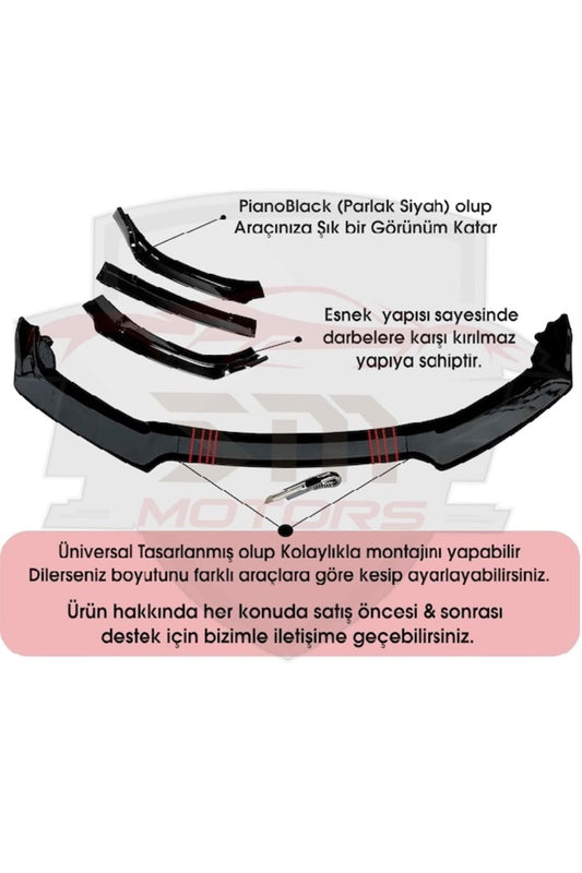 Universal Esnek 3 Parça Lip Karlık / Bodykit Pianoblack Kanatlı Siyah